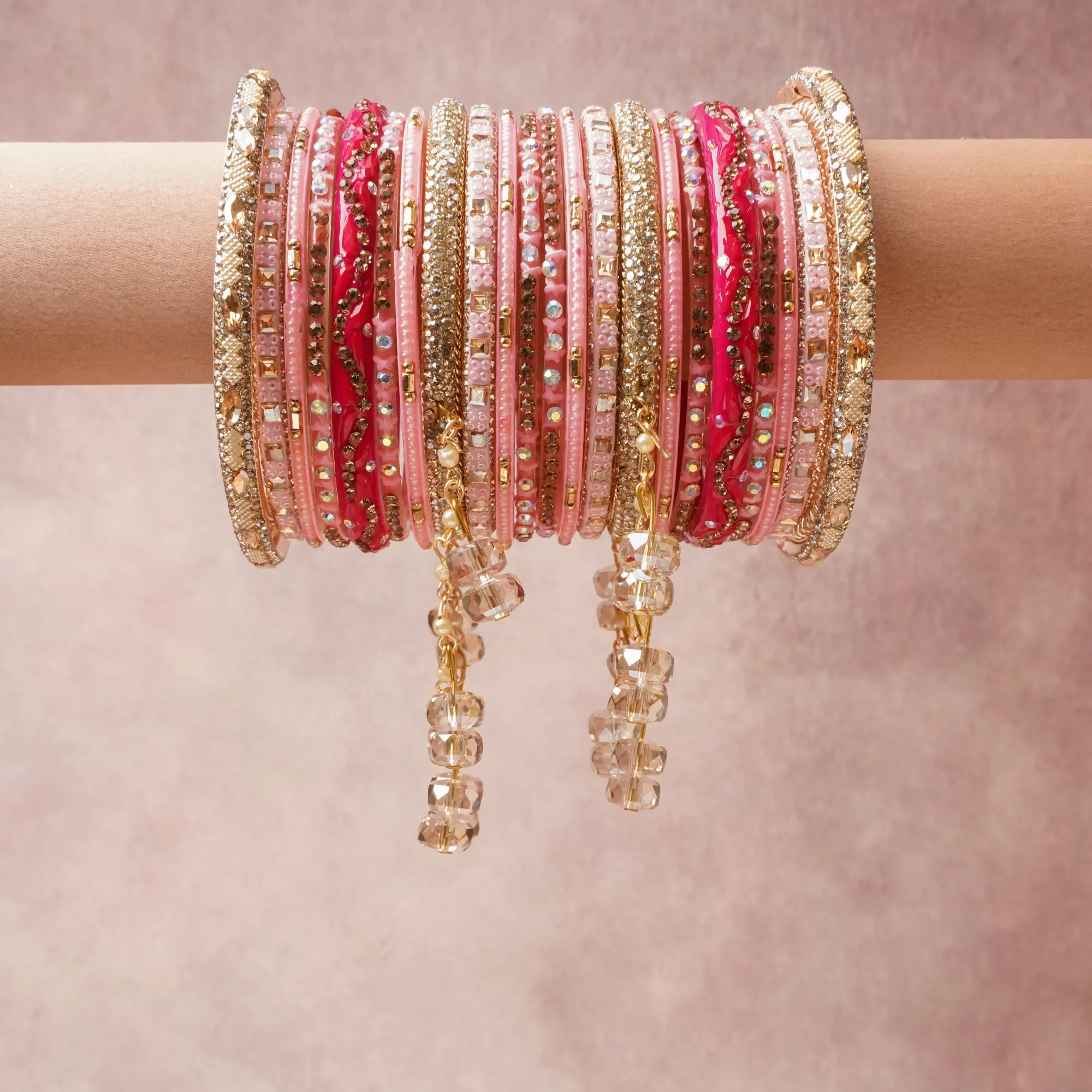 A majestic Blush Pink set, complemented by Iridescent White, Champagne Gold featuring Metal Alloy, Enamel, Glass, Rhinestones, Faceted Glass, Metallic Thread.
Rich, ceremonial, and designed to be passed through generations.